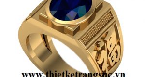 Nhẫn Vàng Tây 18K Chữ Phúc Mặt Đá Sapphire Xanh Bích